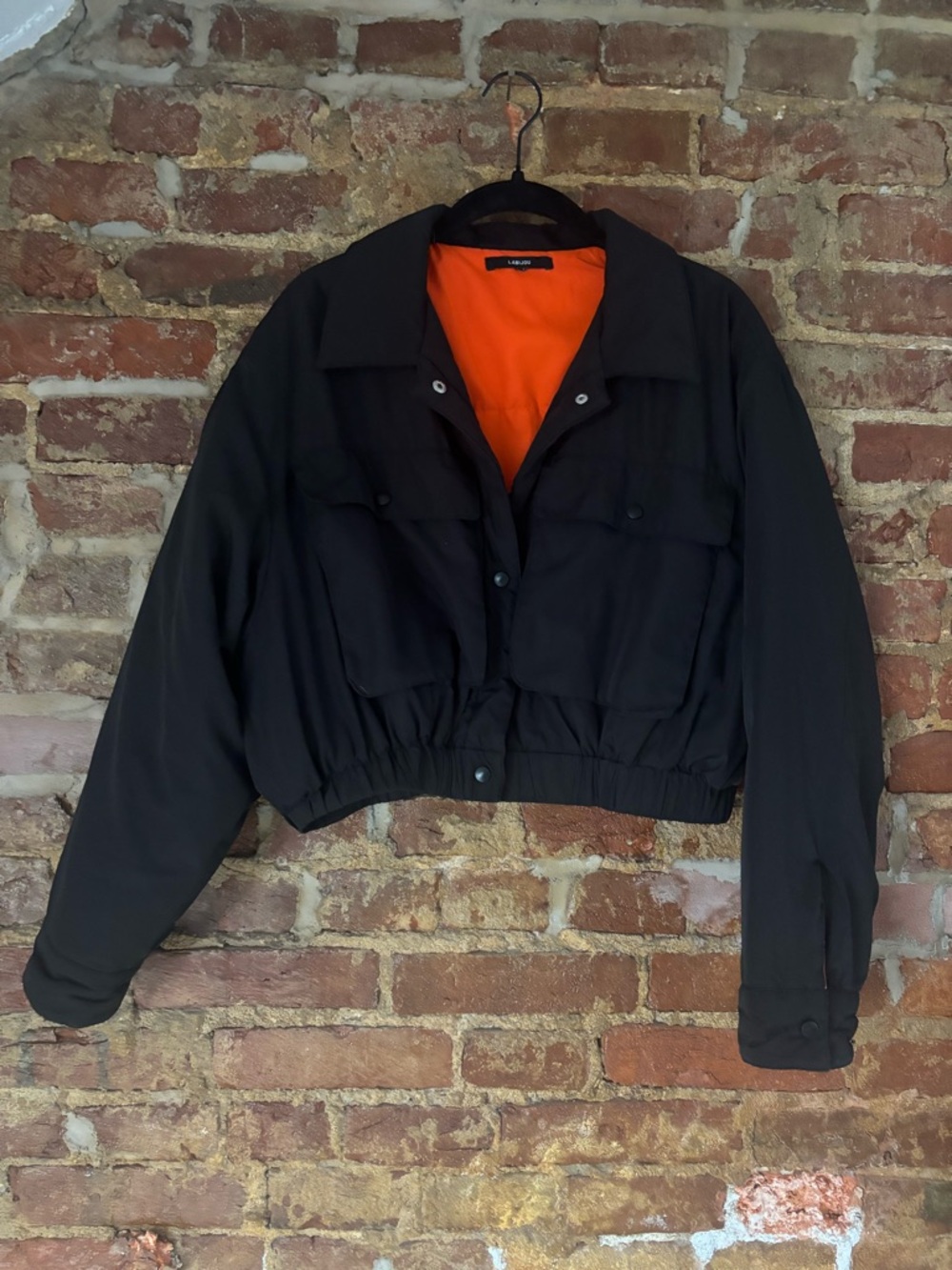 Black Utility Bomber Jacket with Orange Lining